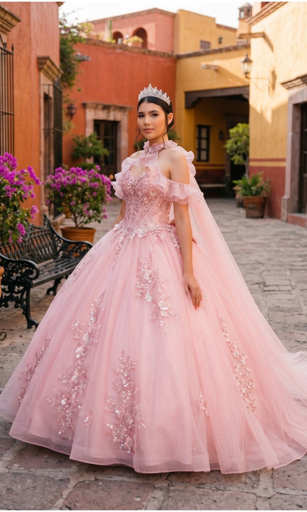 A young woman wearing the Quinceanera Dress 8585JQ By Cinderella Couture, featuring a pink glitter tulle skirt and a tiara, stands in a colorful outdoor courtyard adorned with flowers and benches.